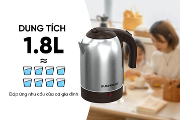 Ấm Siêu Tốc Inox 1.8L Sunhouse SHD1185 - Công Suất 1500W, Đế Tiếp Điện Xoay 360 Độ - Bình Đun Nước An Toàn và Tiết Kiệm Điện