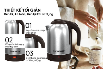 Ấm Siêu Tốc Inox 1.8L Sunhouse SHD1185 - Công Suất 1500W, Đế Tiếp Điện Xoay 360 Độ - Bình Đun Nước An Toàn và Tiết Kiệm Điện