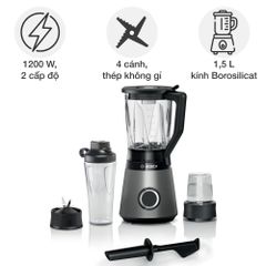 Máy xay sinh tố Bosch MMB6177S VitaPower Serie 4 - Thiết kế hiện đại, công suất 1200W, chịu nhiệt, thích hợp xay sinh tố, súp nóng, đồ uống lạnh.