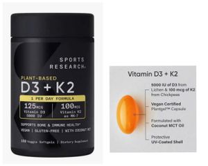 Viên bổ sung Vitamin D3 K2 thuần chay Plant Based 160 viên - Hỗ trợ xương và miễn dịch, chất lượng Mỹ
