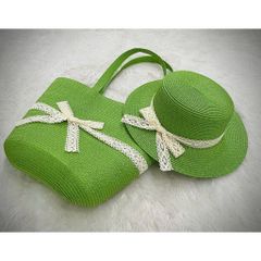 set túi cói đi biển đính nơ ren kèm nón cói nhiều màu sắc cho nữ đi biển, đi du lịch