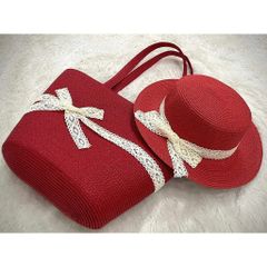 set túi cói đi biển đính nơ ren kèm nón cói nhiều màu sắc cho nữ đi biển, đi du lịch