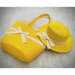set túi cói đi biển đính nơ ren kèm nón cói nhiều màu sắc cho nữ đi biển, đi du lịch
