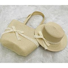 set túi cói đi biển đính nơ ren kèm nón cói nhiều màu sắc cho nữ đi biển, đi du lịch