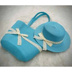 set túi cói đi biển đính nơ ren kèm nón cói nhiều màu sắc cho nữ đi biển, đi du lịch