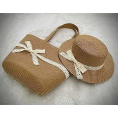 set túi cói đi biển đính nơ ren kèm nón cói nhiều màu sắc cho nữ đi biển, đi du lịch