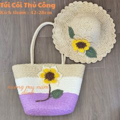 Set túi cói bện size to, nón cói handmade hoa hướng dương có khoá kéo, nón cói thủ công thoáng mát phù hợp mọi hoàn cảnh