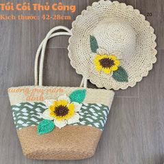 Set túi cói bện size to, nón cói handmade hoa hướng dương có khoá kéo, nón cói thủ công thoáng mát phù hợp mọi hoàn cảnh