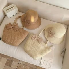 set túi cói đi biển, nón cói đính nơ sang trọng thanh lịch cho nữ, túi có khóa kéo