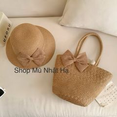 set túi cói đi biển, nón cói đính nơ sang trọng thanh lịch cho nữ, túi có khóa kéo