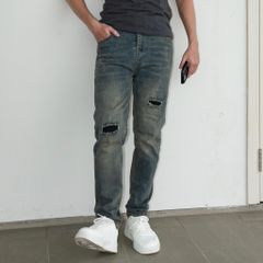 Quần Jean Nam Slimfit Màu Rêu Rách Vintage - Quần Co Giãn 4 Chiều Dáng Skinny Có Túi Thời Trang Cao Cấp