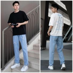Quần Jean Baggy Rách Gối Unisex Màu Xanh Nhạt - Thời Trang Nam Nữ Chất Liệu Denim Bền Đẹp, Phong Cách Trẻ Trung