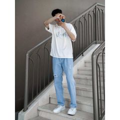 Quần Jean Baggy Rách Gối Unisex Màu Xanh Nhạt - Thời Trang Nam Nữ Chất Liệu Denim Bền Đẹp, Phong Cách Trẻ Trung