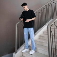 Quần Jean Baggy Rách Gối Unisex Màu Xanh Nhạt - Thời Trang Nam Nữ Chất Liệu Denim Bền Đẹp, Phong Cách Trẻ Trung