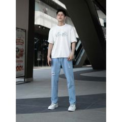 Quần Jean Baggy Rách Gối Unisex Màu Xanh Nhạt - Thời Trang Nam Nữ Chất Liệu Denim Bền Đẹp, Phong Cách Trẻ Trung