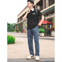 Quần Jean Nam Baggy Rách Gối Unisex Ống Suông Màu Xanh Xám - Thời Trang Đẹp Giá Rẻ Pon.mens