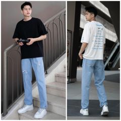 Quần Jean Nam Baggy Rách Gối Unisex Ống Suông Màu Xanh Xám - Thời Trang Đẹp Giá Rẻ Pon.mens