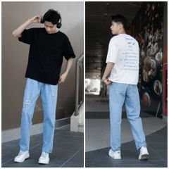 Quần Jean Nam Baggy Rách Gối Unisex Ống Suông Màu Xanh Xám - Thời Trang Đẹp Giá Rẻ Pon.mens