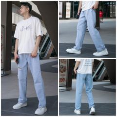 Quần Jeans Baggy Nam Rách Gối Màu Xanh Trắng Nhạt - Chất Denim Cotton Bền Bỉ, Kiểu Dáng Unisex Thời Trang