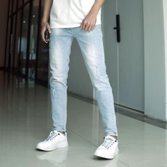 Quần Jean Rách Gối Nam Slimfit Co Giãn Màu Xanh Nhạt Pon.mens - Chất Denim 98% Cotton, Phong Cách Thời Trang Thể Hiện Ấn Tượng