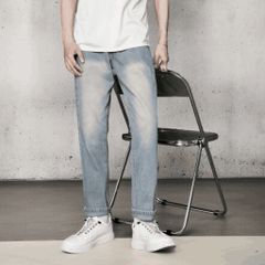 Quần Jean Baggy Ống Suông Nam Nữ Màu Xanh Trơn Rách Xước Co Túi - Thời Trang Năng Đ động Menwears Pon.mens