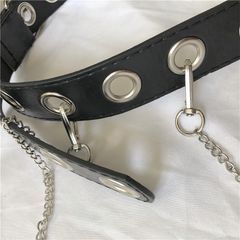 Thắt Lưng Da PU Đen Thời Trang Nam Nữ - Dây Nịt Trẻ Trung Lỗ To Trang Trí Dây Chain 105cm, Kiểu Khóa Kim Sang Trọng