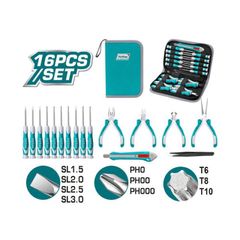 Bộ 16 kìm mini và tua vít chuẩn TOTAL TKTTSK0162, dụng cụ sửa chữa tiện ích kèm túi đựng, đa năng cho mọi gia đình