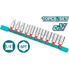 Bộ 10 đầu tuýt 1/4 inch 5-14mm TOTAL - Dụng cụ sửa chữa chất lượng cao, thép CrV, mạ crom, tiện ích cho thợ cơ khí