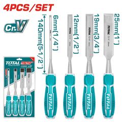 Bộ 4 Đục Gỗ Total THT41K0401 - Dụng Cụ Thép Cr-V Chất Lượng Cao, Kích Thước 6mm, 12mm, 19mm, 25mm - Dụng Cụ Tiện Ích Nghề Mộc