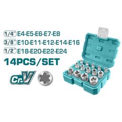 Bộ 14 Đầu Khẩu Loại E TOTAL - Dụng Cụ Sửa Chữa Chất Liệu CR-V Bền Bỉ, Gồm Đầu 1/4, 3/8, 1/2 Inch, Hộp Nhựa Tiện Dụng
