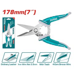 Kéo Thợ Điện 7 Inch 178mm Total THT117871 - Kéo Thép Không Gỉ, Lưỡi Kéo Có Răng, Tay Cầm Thiết Kế Độc Đáo