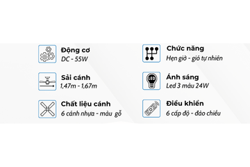 Quạt trần đèn Klasse 58KSA 902 - Động cơ 55W, 6 cánh nhựa, đèn LED 24W tiết kiệm điện, điều khiển 6 chế độ linh hoạt
