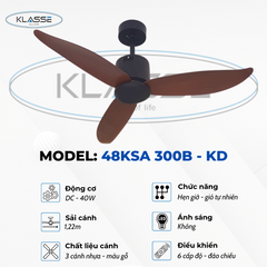 Quạt trần Klasse 48KSA 300B – 3 cánh nhựa, động cơ 40W chống ồn, điều khiển 6 chế độ, tiết kiệm điện, phong cách hiện đại.