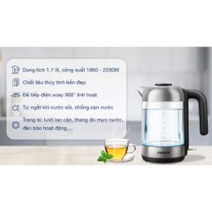 Bình Đun Siêu Tốc Philips HD9339 Thủy Tinh 1.7L, Công Suất 2200W, Thiết Kế Sang Trọng, Bảo Hành 2 Năm, Phù Hợp Gia Đình và Văn Phòng