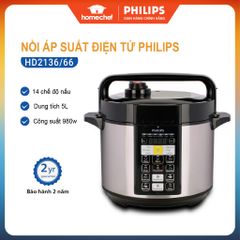 Nồi áp suất điện tử Philips HD2136 5L - Công suất 900W, menu nấu 14 món tiện lợi, bảo hành 2 năm, an toàn tiết kiệm thời gian nấu ăn.