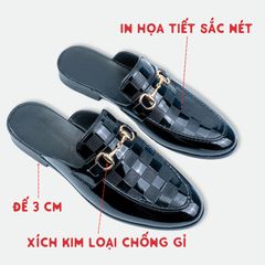 Giày Sục Nam Da PU Đen Bóng Kính - Giày Xục Đế Mềm Họa Tiết Ô Vuông Gắn Xích Vàng Cao Cấp RUNO G56