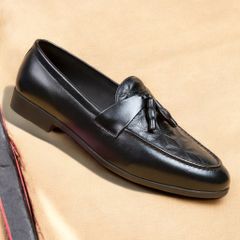 Giày Tây Nam Da PU Cao Cấp Đen - Giầy Lười Công Sở Gắn Chuông 3D, Đế Cao Su Mềm, Phong Cách Hàn Quốc, Thoải Mái Đi Lại Ngày Dài