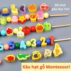 Bộ Xâu Hạt Gỗ Montessori Toti - Đồ Chơi Rèn Kỹ Năng Vận Động Tinh cho Bé 3-6 Tuổi, 163 Chi Tiết Chủ Đề Động Vật, Chữ Cái, Chữ Số