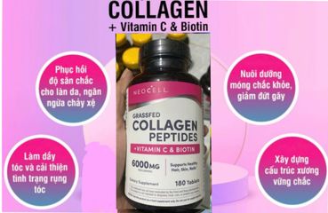 Viên uống Neocell Grassfed Collagen Peptides + Vitamin C và Biotin 6000mg 180 viên - Tăng cường độ trẻ trung cho làn da, chính hãng Mỹ