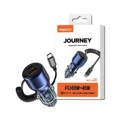 Củ Sạc Nhanh Ô Tô RECCI RCC-N22 - Tích Hợp Dây Type-C PD 65W, 2 Cổng Sạc USB 45W, Thiết Kế Nhỏ Gọn, Sang Trọng, Bảo Hành 1 Đổi 1