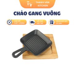 Chảo Gang Vuông Có Tay Cầm Chống Bỏng - Chảo Trứng Cuộn Beefsteak Gọn Nhẹ Kèm Đế Gỗ - Đồ Gia Dụng Nhà Bếp TVKITCHEN  (TV73)