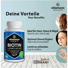 Viên Uống Tóc Da Móng Vitamaze Biotin 10,000 mcg - Giảm Rụng Tóc, Làm Da Mịn Màng - Hộp 365 Viên Xuất Xứ Đức