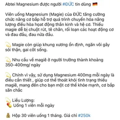 Viên uống Abtei Magnesium 30 viên - Khoáng chất hỗ trợ sức khỏe từ Đức, vitamin tổng hợp chất lượng cao