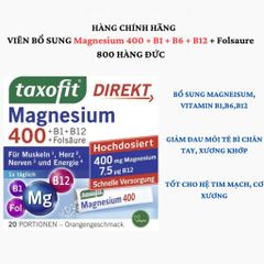 Taxofit Magnesium 400mg + Vitamin B1, B6, B12 & Acid Folic 800µg - Hộp 20 Gói Dạng Hạt - Vitamin Tổng Hợp Hỗ Trợ Sức Khỏe Từ Đức