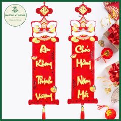 Cặp Liễn Nhung Đầu Lân 3D - Dây Treo Tết Trang Trí Phương Vy Decor - Chúc Mừng Năm Mới Đỏ Đẹp 18cm x 96cm