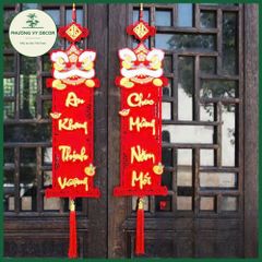 Cặp Liễn Nhung Đầu Lân 3D - Dây Treo Tết Trang Trí Phương Vy Decor - Chúc Mừng Năm Mới Đỏ Đẹp 18cm x 96cm