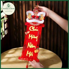 Cặp Liễn Nhung Đầu Lân 3D - Dây Treo Tết Trang Trí Phương Vy Decor - Chúc Mừng Năm Mới Đỏ Đẹp 18cm x 96cm