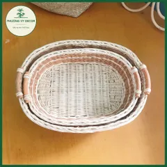 Rổ mây trắng vân nâu đựng bánh kẹo, rổ cắm hoa, giỏ picnic trang trí đa năng Phương Vy Decor
