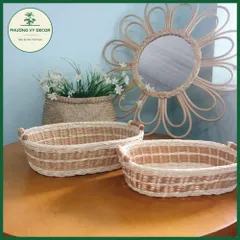 Rổ mây trắng vân nâu đựng bánh kẹo, rổ cắm hoa, giỏ picnic trang trí đa năng Phương Vy Decor