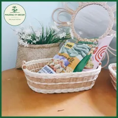 Rổ mây trắng vân nâu đựng bánh kẹo, rổ cắm hoa, giỏ picnic trang trí đa năng Phương Vy Decor